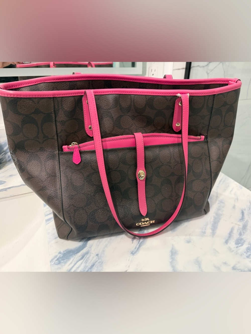 Coach Brown Signature Tote with Pink Trim